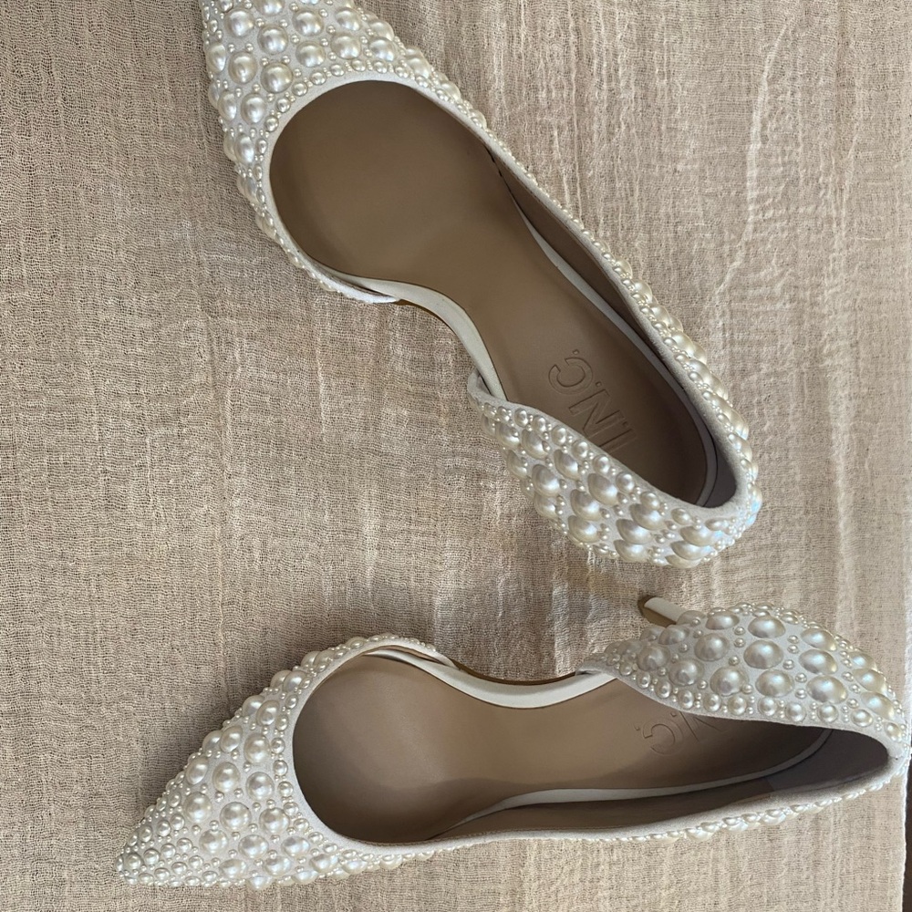 INC International Concepts | Pearl Embellished Cream Heels | Size 7.5 |